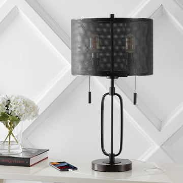 Hank 27" Industrial Farmhouse Iron LED Table Lamp with USB Charging Port - JONATHAN Y